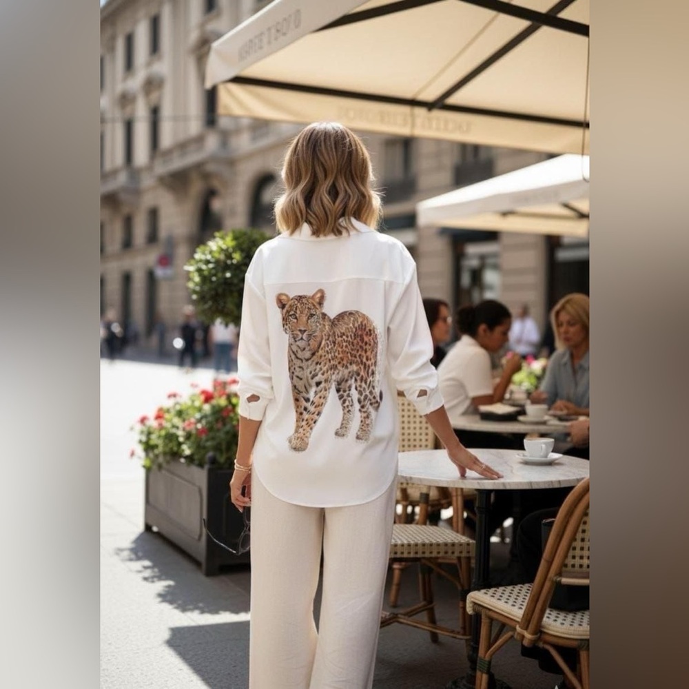 Women's White Button-Up Shirt with Leopard Back Print